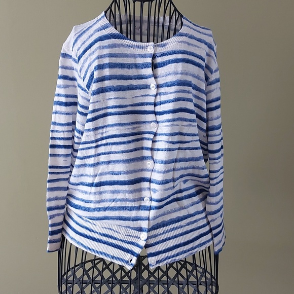 GAP Sweaters - GAP White Knit Cardigan with Subtle Blue Stripes